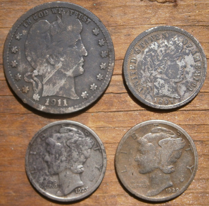 4 nice old silvers, including a better date, 1911-D Barber quarter, all found in FR park- too bad they came out stained.