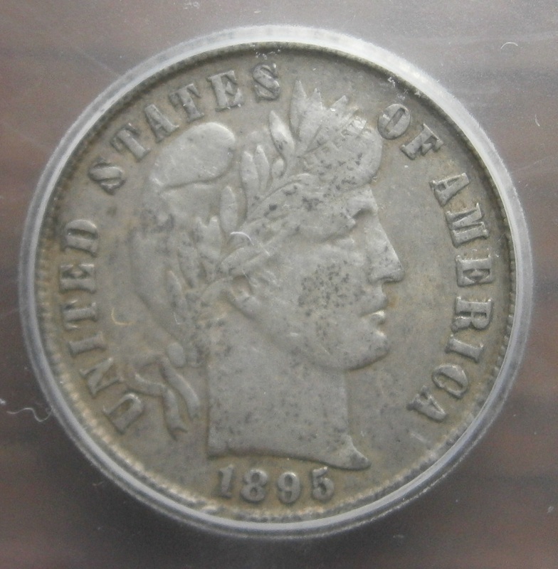 A rather rare, semi-key coin, this 1895 Barber dime popped out at 9" from my fav FR park.