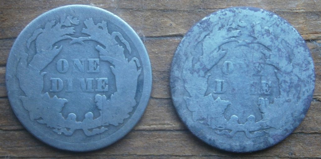 Reverse of a pair of Seated Liberty dimes, found in October, 2014